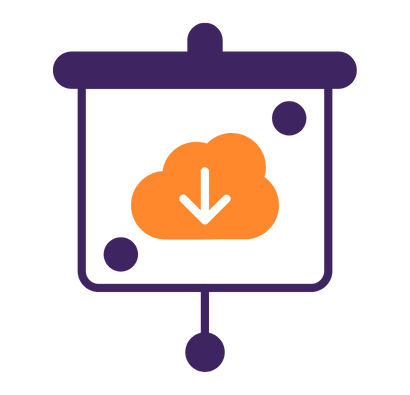 Illustration "Download" mit Pfeil in Wolke in den Farben lila und orange